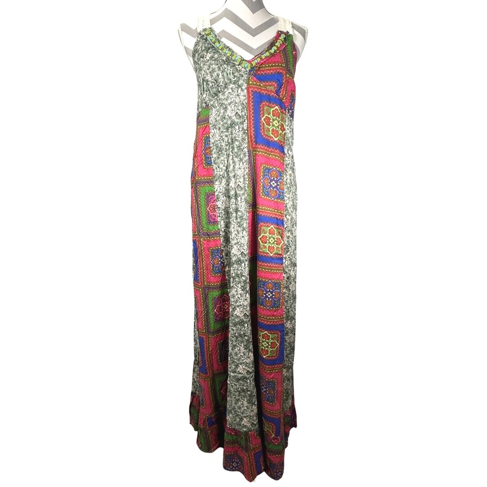 Natural Life XL Patchwork Lace Back Beaded V-Neck Maxi Dress Green Pink Blue‎